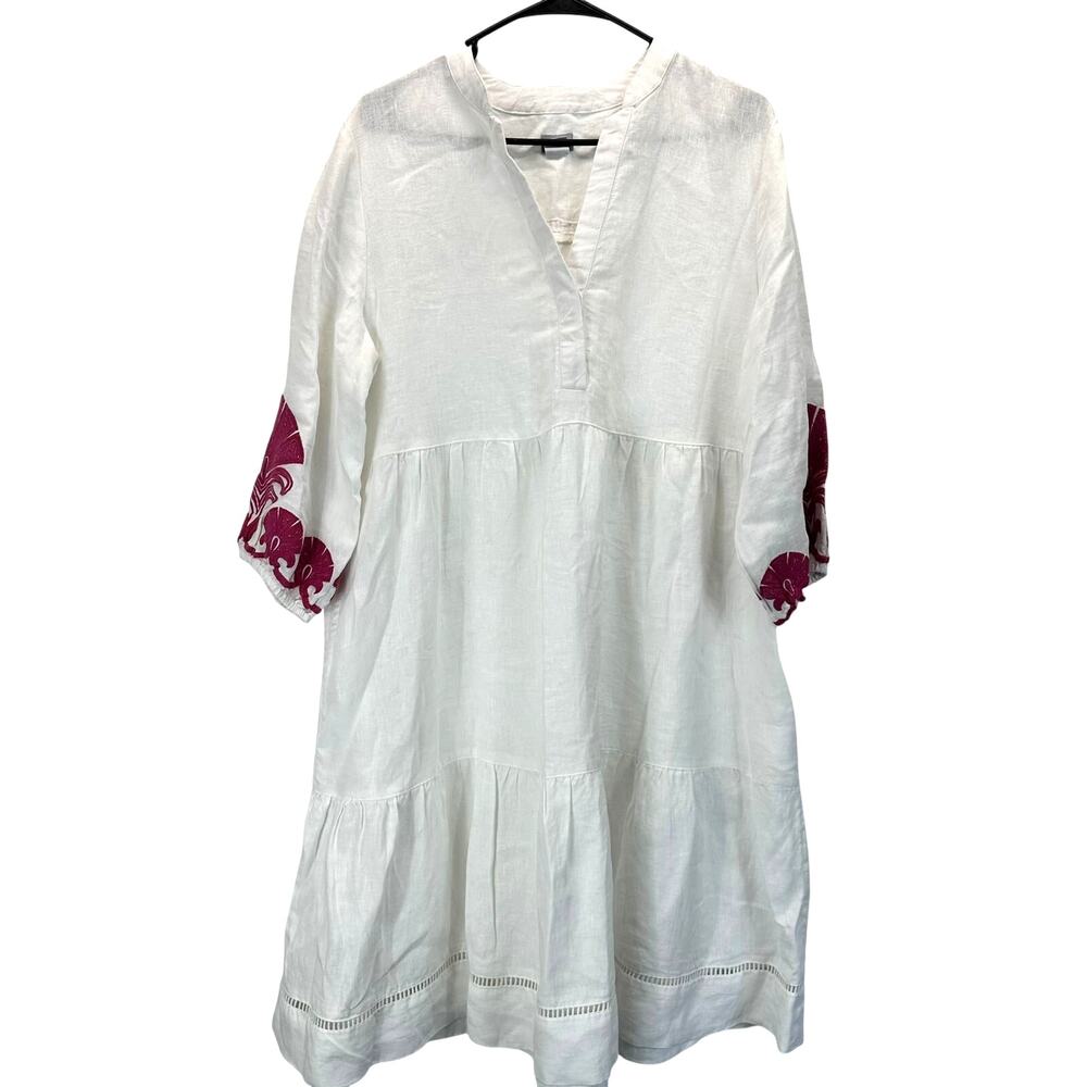 Chico's Linen Dress Tiered Skirt White Pink Embroidery Sleeves 2 Large